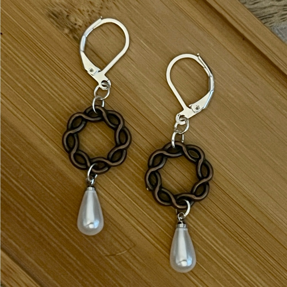 New Rustic Burnished Copper Chain Ring & Teardrop Pearl Dangle Earrings